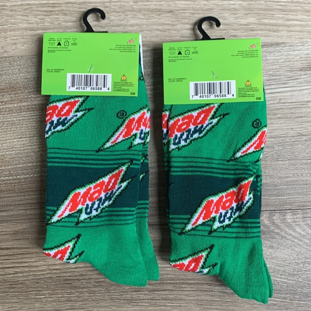 2 Pair Mtn Dew Crew Socks Mens 6-12 Fun Novelty Unisex Sock New Mountain Dew